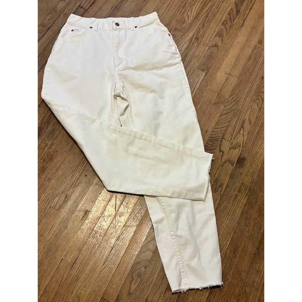 Vintage Lee Off Whiter High Waisted Tapered Cotton Denim Jeans Raw Hem 28 Waist